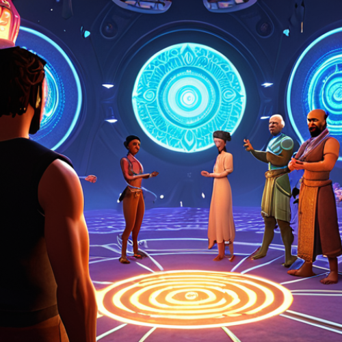 Home 11 **
A vibrant, immersive metaverse festival scene. Attendees, represented by diverse and expressive avatars, are actively participating in a storyline-driven quest. One avatar is interacting with a central, charismatic character (perhaps an NPC). Visual cues suggesting a game-like environment, such as glowing objectives, interactive elements, and a sense of adventure. The overall feeling is engaging, exciting, and story-rich.
**