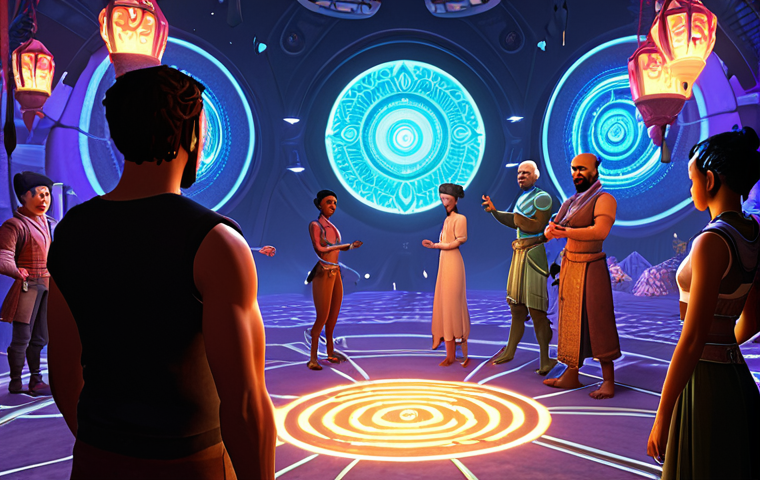 **

A vibrant, immersive metaverse festival scene. Attendees, represented by diverse and expressive avatars, are actively participating in a storyline-driven quest. One avatar is interacting with a central, charismatic character (perhaps an NPC). Visual cues suggesting a game-like environment, such as glowing objectives, interactive elements, and a sense of adventure. The overall feeling is engaging, exciting, and story-rich.

**
