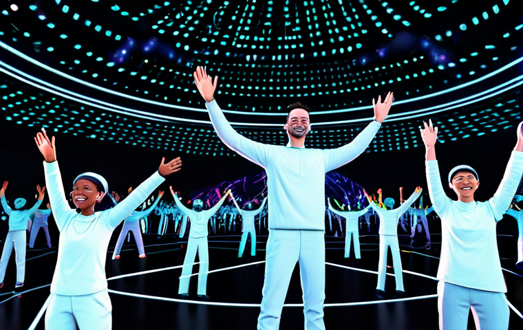 A diverse group of cheerful avatars, fully clothed in vibrant, futuristic and modest attire, actively engaging in an interactive metaverse music festival. They are in a dynamic virtual concert arena filled with glowing digital art installations, holographic displays, and musical note effects. Avatars are seen moving, raising their hands, and interacting with floating digital objects, showcasing collective participation and excitement. The atmosphere is energetic and joyful. safe for work, appropriate content, fully clothed, family-friendly, perfect anatomy, correct proportions, natural poses, well-formed hands, proper finger count, natural body proportions, professional photography, high quality, cinematic lighting.